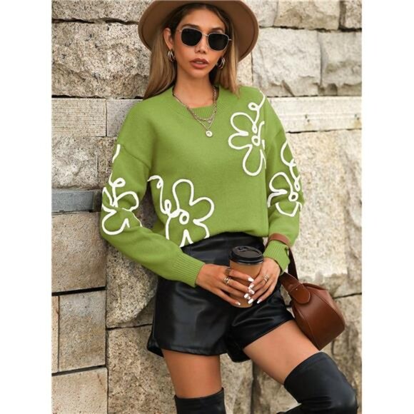NEW - Floral Patched Drop Shoulder Sweater,Long Sleeve Tops Knit Pullover - Picture 5 of 8